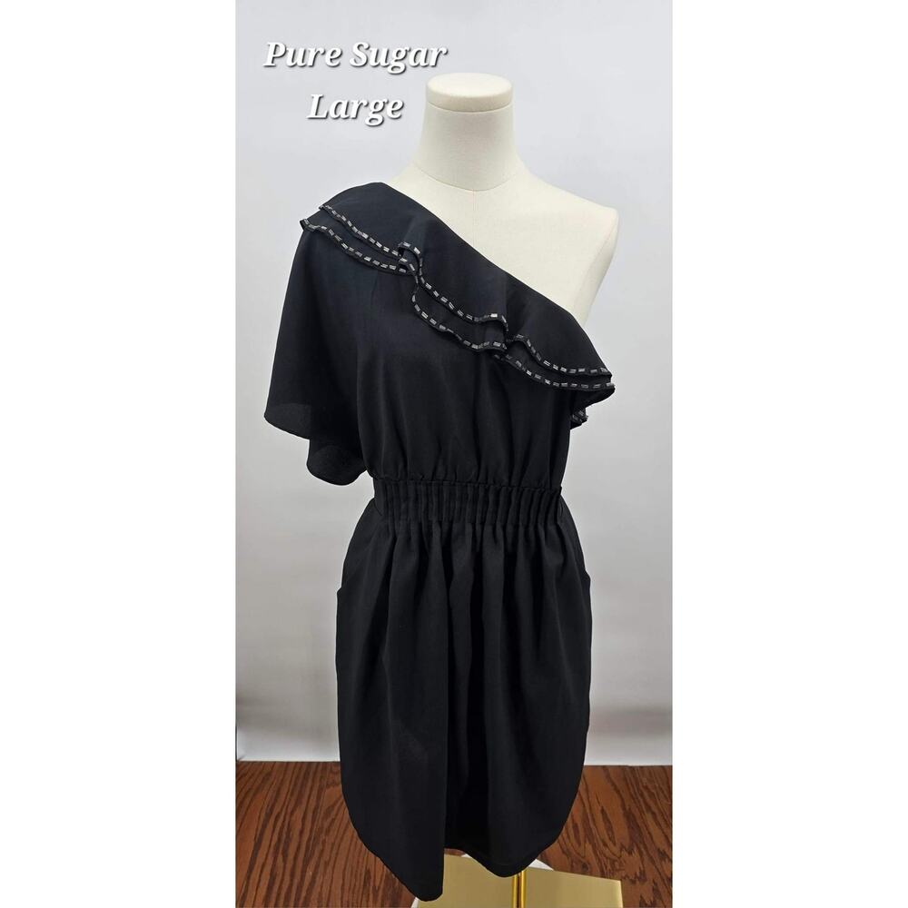 Pure Sugar Black One Shoulder Beaded Ruffle Mini Dress